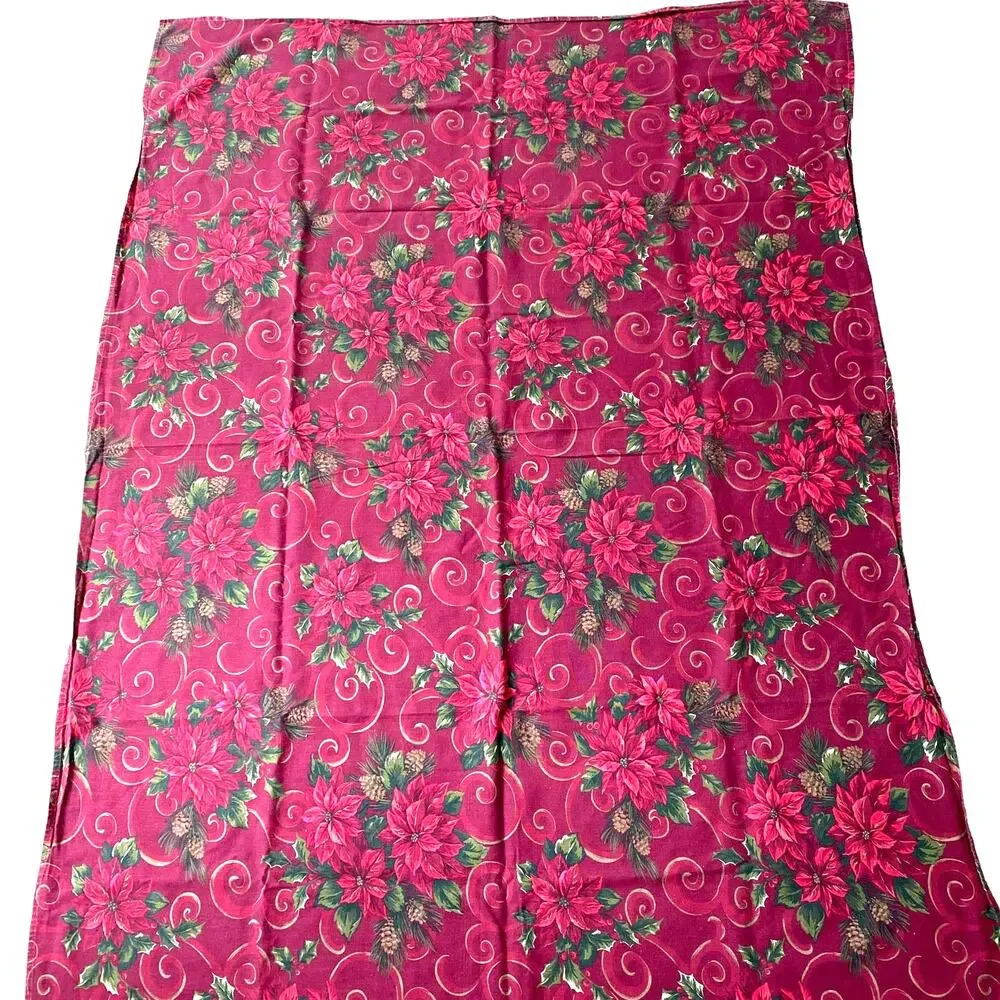 Christmas tablecloth thick cotton blend poinsettias red green gold vintage 1980s